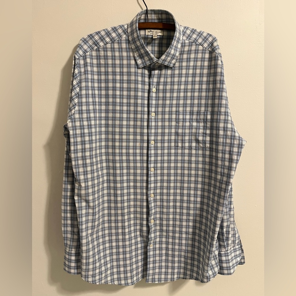 Peter Millar Summer Comfort Button Shirt Mens Large Blue White Plaid Check LS